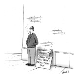 Man on street with paper shredder and sign that reads, 'Shred Your New Yea… - New Yorker Cartoon Premium Giclee Print by Tom Cheney