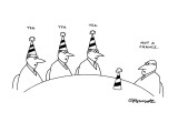 Three men wear party hats at a meeting and say "Yea"; a fourth one leaves … - New Yorker Cartoon Premium Giclee Print by Charles Barsotti