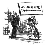 Man carries a picket sign that reads 'The End is Near http://www.endnear.com.' - New Yorker Cartoon Premium Giclee Print by Robb Armstrong