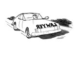 Man drives car with the word "lawyer" written backwards across the front b… - New Yorker Cartoon Premium Giclee Print by Mischa Richter
