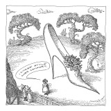A woman is seen speaking to her neighbors and behind her is a giant high-h… - New Yorker Cartoon Premium Giclee Print by John O'brien