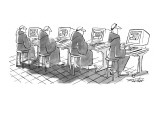 Four monks sit at computer terminals. Parchment scrolls appear on the screens. - New Yorker Cartoon Premium Giclee Print by Mischa Richter
