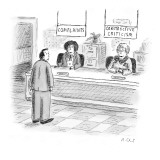 Desk with two signs. One for 'Complaints' and the other for 'Constructive … - New Yorker Cartoon Premium Giclee Print by Roz Chast