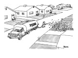 Worker is spraying leaves onto the yard of a suburban house with a hose co… - New Yorker Cartoon Premium Giclee Print by Jack Ziegler