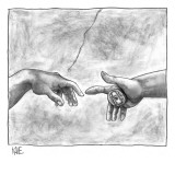 God's hand touching Adam's hand a la Sistine Chapel ceiling, with addition… - New Yorker Cartoon Premium Giclee Print by John Kane