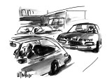 Man looking in rearview car mirror sees woman driving behind him who has a… - New Yorker Cartoon Premium Giclee Print by Warren Miller
