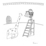 A matador on a ladder faces a giraffe. - New Yorker Cartoon Premium Giclee Print by Zachary Kanin