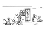 Robots milling around the office halls, pass man in glass booth with sign … - New Yorker Cartoon Premium Giclee Print by Tom Cheney