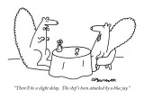 "There'll be a slight delay.  The chef's been attacked by a blue jay." - New Yorker Cartoon Premium Giclee Print by Charles Barsotti