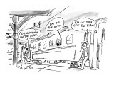 One person getting on train with cell phone says, 'I'm getting on the trai… - New Yorker Cartoon Premium Giclee Print by Sidney Harris