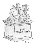 Statue of several people thinking titled "The Think Tank." - New Yorker Cartoon Premium Giclee Print by Arnie Levin