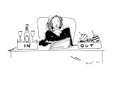 Woman with champagne in her 'in' box, and christmas ornaments in her 'out'… - New Yorker Cartoon Premium Giclee Print by Richard Cline