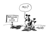 Dog looking at sign "Beware Of Dog" and thinking "Moi?". - New Yorker Cartoon Premium Giclee Print by Mischa Richter