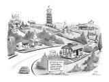 Sign "Entering The National Junk Food Reserve" with lots of fast food plac… - New Yorker Cartoon Premium Giclee Print by Ed Fisher