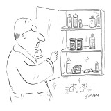 Man looking in medicine cabinet, deciding between pill bottles labeled wit… - New Yorker Cartoon Premium Giclee Print by David Sipress