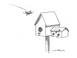 Bird returning to birdhouse that has an additional wing that looks like a … - New Yorker Cartoon Premium Giclee Print by Michael Crawford
