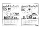 A bookstore sign in the window "Summer Reads!" promoting four books below.… - New Yorker Cartoon Premium Giclee Print by Mike Twohy