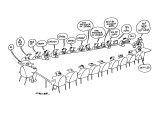 Executive at end of conference table says 'no' and, as the message is pass… - New Yorker Cartoon Premium Giclee Print by Jack Ziegler