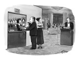 Couple leaves their small boy at a booth near host's station at restaurant… - New Yorker Cartoon Premium Giclee Print by Harry Bliss