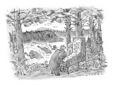 Two bears play a salmon-run-themed pinball machine outdoors in the woods, … - New Yorker Cartoon Premium Giclee Print by Bill Woodman