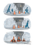 Three panel drawing of a street scene with traffic pylons that are actuall… - New Yorker Cartoon Premium Giclee Print by Mort Gerberg