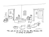 "No calls for the rest of the day, Miss Bromley—I'll be carving my pumpkin." - New Yorker Cartoon Premium Giclee Print by Michael Maslin
