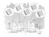 People walking along city street with thought balloons showing the Enron l… - New Yorker Cartoon Premium Giclee Print by Jack Ziegler