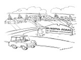 Man drives by community with sign reading: "Blissful Acres: An Ignorant Co… - New Yorker Cartoon Premium Giclee Print by Nick Downes