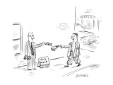 Rich man standing on streetcorner next to cardboard sign, "Too Much Money.… - New Yorker Cartoon Premium Giclee Print by David Sipress