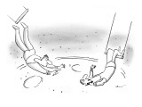 Trapeze artists, about to miss a connection because one of them is talking… - New Yorker Cartoon Premium Giclee Print by Arnie Levin
