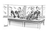 Nasty looking executive at desk surrounded by glass partitions with rubber… - New Yorker Cartoon Premium Giclee Print by Tom Cheney