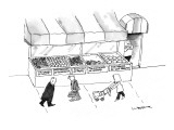 People are seen walking past a produce stand whose fruits are labeled in t… - New Yorker Cartoon Premium Giclee Print by W.B. Park