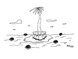 Bowling balls circle island with stranded bowling pins. - New Yorker Cartoon Premium Giclee Print by Peter Mueller