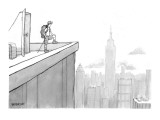 Man wearing hiking clothes peers out from the top of a building having jus… - New Yorker Cartoon Premium Giclee Print by Jason Patterson