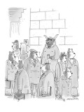 Stockmarket Bull panhandles on a street corner, with Bears hurrying past. - New Yorker Cartoon Premium Giclee Print by Mick Stevens