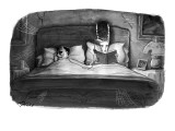 The bride of Frankenstein reading a book in bed with a book light plugged … - New Yorker Cartoon Premium Giclee Print by Harry Bliss