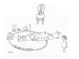Little girl has tied her father to the railroad tracks of a toy train set. - New Yorker Cartoon Premium Giclee Print by Saul Steinberg
