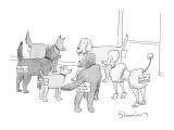 A group of dogs in a circle; they all have nametags attached to their rear… - New Yorker Cartoon Premium Giclee Print by Danny Shanahan