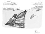Sinister looking man ties bowling pins to a set of train tracks as a bowli… - New Yorker Cartoon Premium Giclee Print by Zachary Kanin