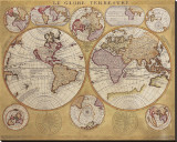 Antique Map, Globe Terrestre, 1690 Stretched Canvas Print by Vincenzo Coronelli