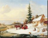 Habitants by a Frozen River Stretched Canvas Print by Cornelius Krieghoff