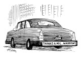 Bumper sticker on car reads: "Thanks a mil, Warren!" - New Yorker Cartoon Premium Giclee Print by Mike Twohy