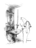 Man in bathroom. A hand reaches out of a water-filled sink holding up a sw… - New Yorker Cartoon Premium Giclee Print by Ronald Searle
