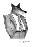 A wolf in a business suit is wearing a necktie, with sheep on it. - New Yorker Cartoon Premium Giclee Print by Bernard Schoenbaum
