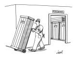 Workman moves crate, on dolly, from room labeled 'Personnel.'  Similar cra… - New Yorker Cartoon Premium Giclee Print by Tom Cheney