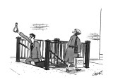 A man walks out of a subway station and grabs onto a freefloating subway s… - New Yorker Cartoon Premium Giclee Print by Tom Cheney