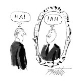 Man looking in mirror and saying "Ha!" and in the mirror is the reflection… - New Yorker Cartoon Premium Giclee Print by Mischa Richter