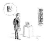 Man looking at pop art sculpture of two cans of beer, and is thinking abou… - New Yorker Cartoon Premium Giclee Print by Everett Opie