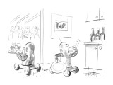 Two robots serving drinks at a party;one is taking a secretive drink in th… - New Yorker Cartoon Premium Giclee Print by Donald Reilly