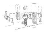 Man standing on subway platform with sign "23st or bust". - New Yorker Cartoon Premium Giclee Print by Robert Mankoff